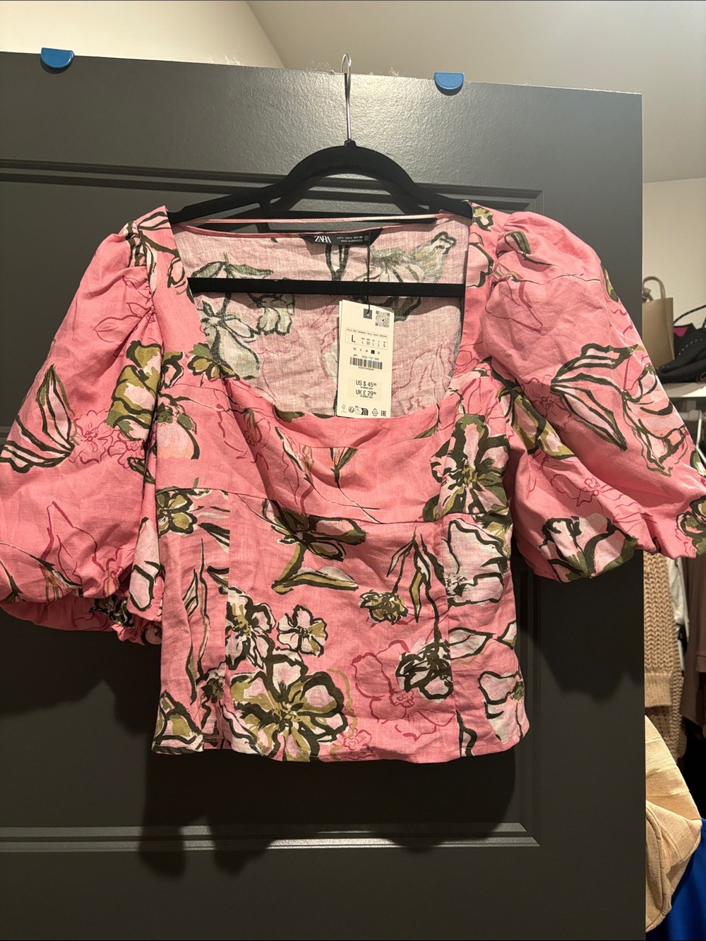 Zara Pink Floral Puff-Sleeve Crop Top